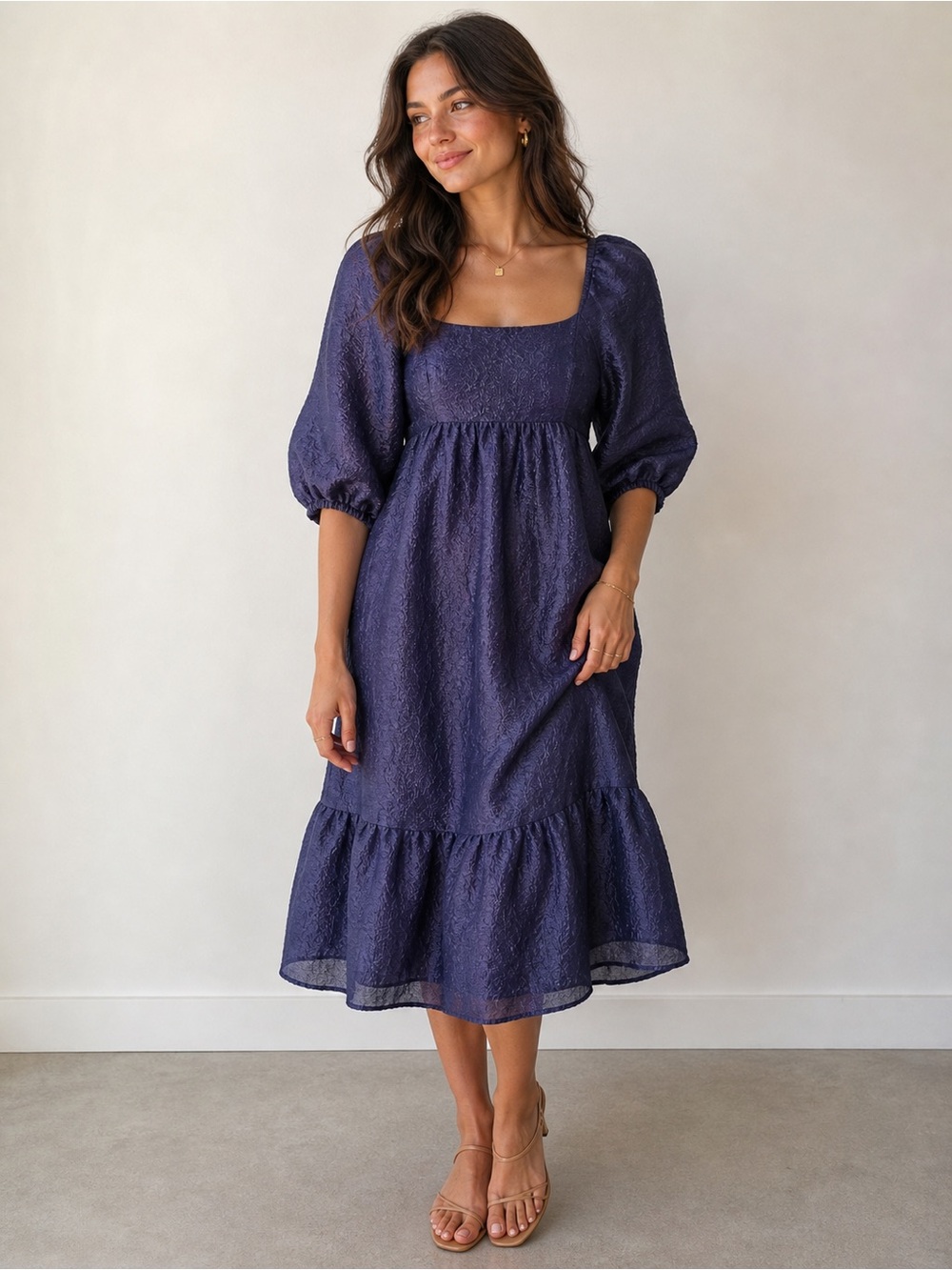 Anthropologie Deep Navy Square-Neck Midi Dress with Puff Sleeves